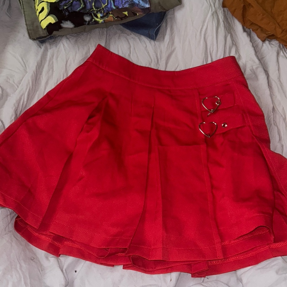 Red Pleated Mini Skirt with Heart Accent